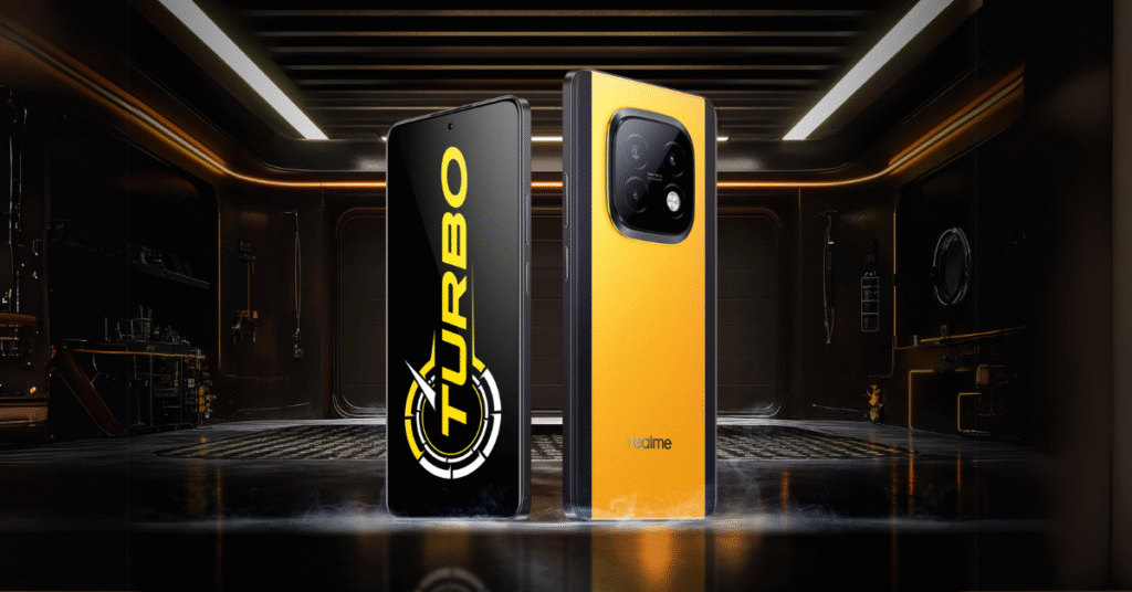 realme Narzo 70 Turbo displayed in a futuristic tech garage setup, highlighting its bold design and Turbo branding