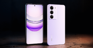 Realme Narzo 80 Lite 5G smartphones in black and purple on a dark textured surface, showcasing their screen and rear design