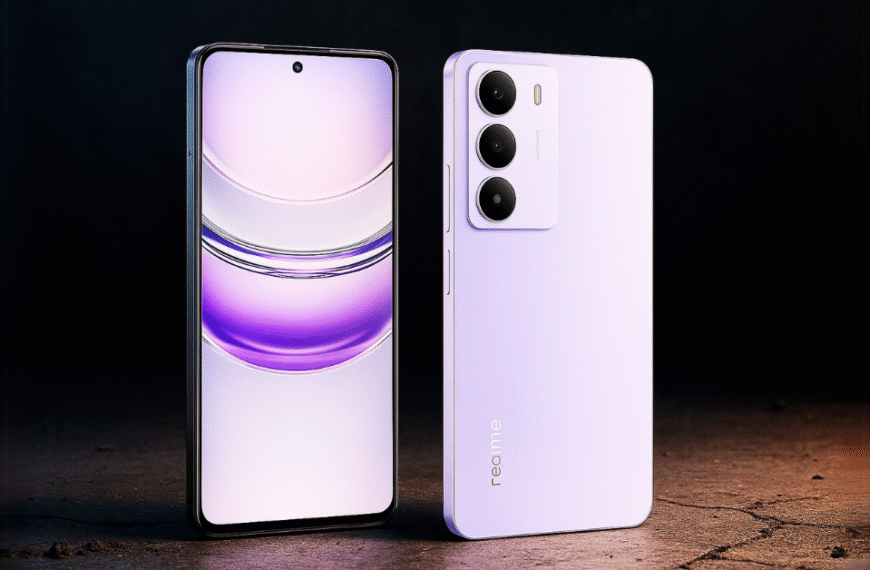 Realme Narzo 80 Lite 5G smartphones in black and purple on a dark textured surface, showcasing their screen and rear design