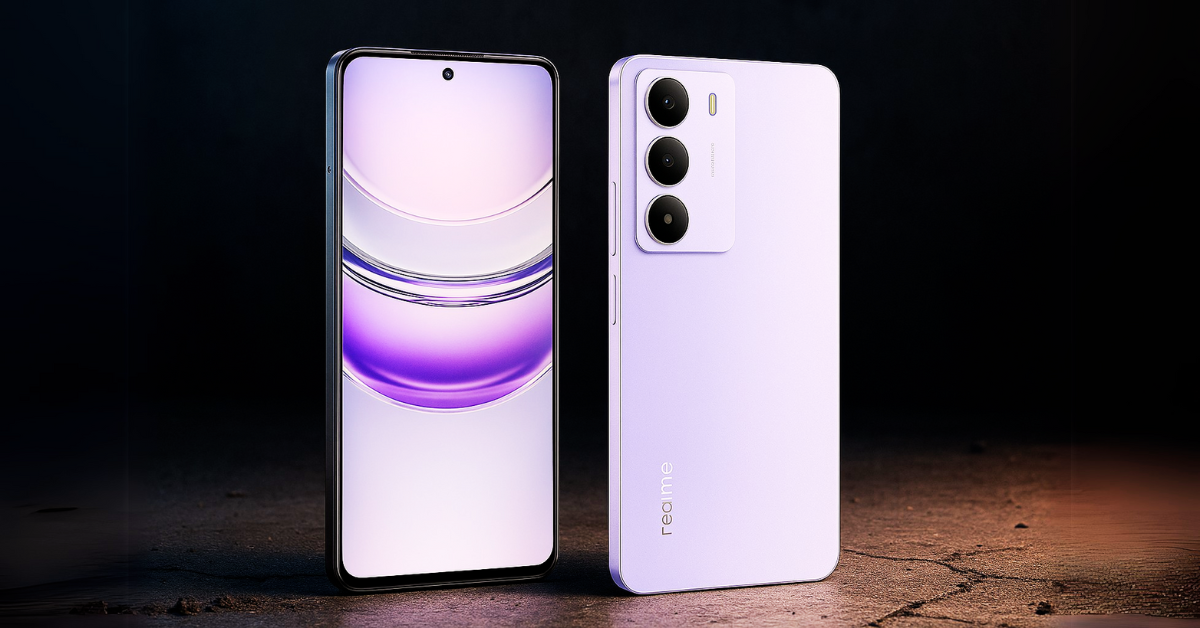 Realme Narzo 80 Lite 5G smartphones in black and purple on a dark textured surface, showcasing their screen and rear design