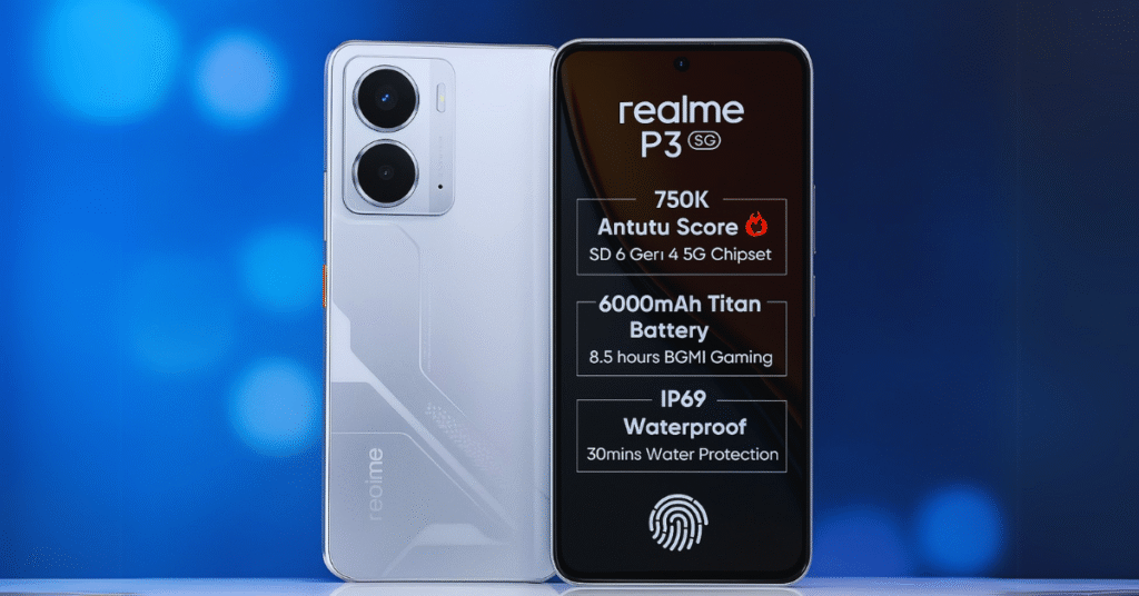 realme P3 5G displayed front and back with AMOLED screen and bold design, placed over a futuristic tech background in horizontal format