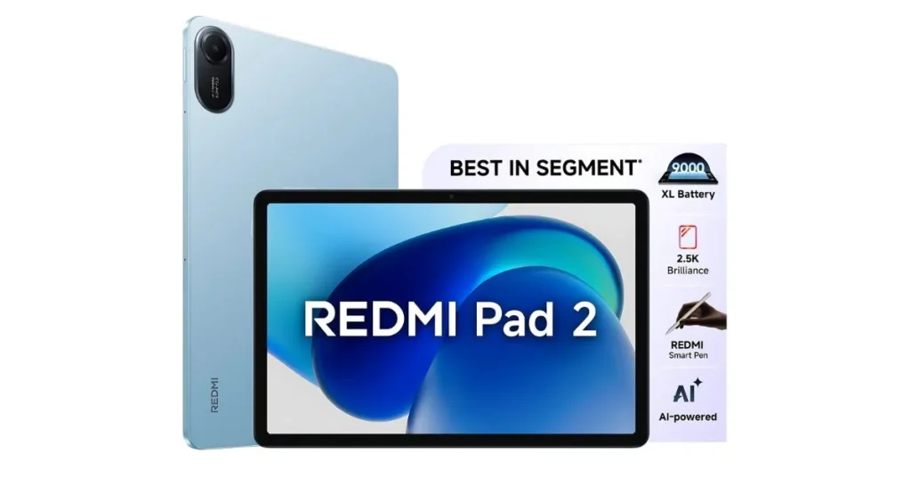 Redmi Pad 2 front and back view with branding highlights like 9000mAh battery, 2.5K display, Smart Pen support, and AI-powered features