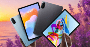 Three Redmi Pad 2 tablets in gray, blue, and silver floating mid-air with vibrant displays showing creative, media, and productivity themes.
