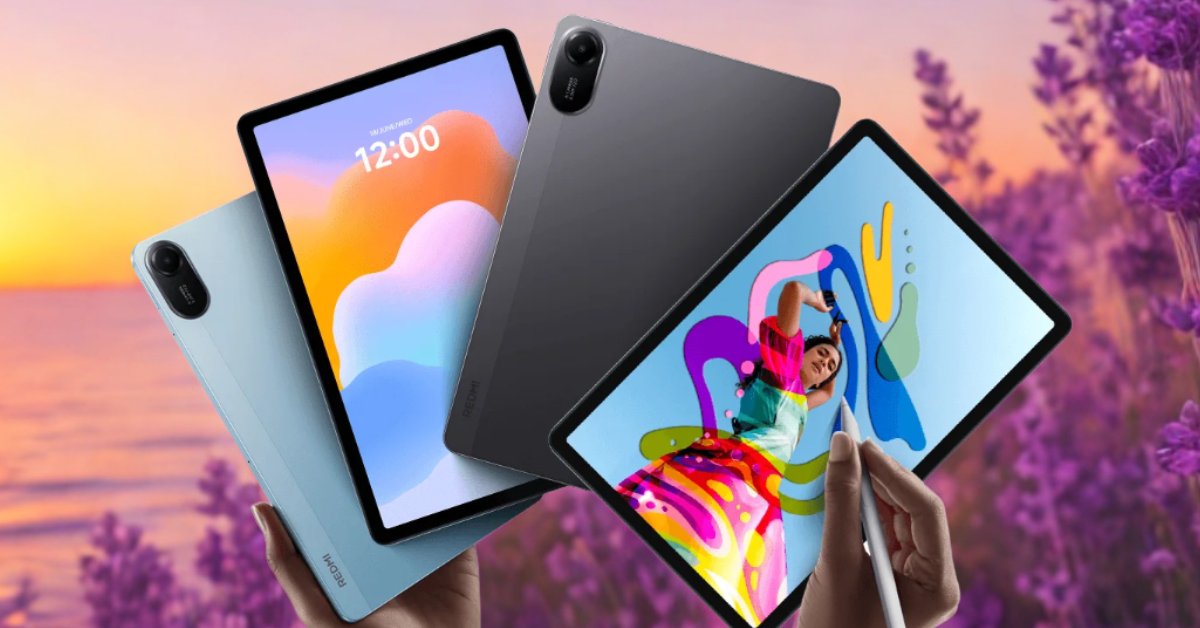 Three Redmi Pad 2 tablets in gray, blue, and silver floating mid-air with vibrant displays showing creative, media, and productivity themes.