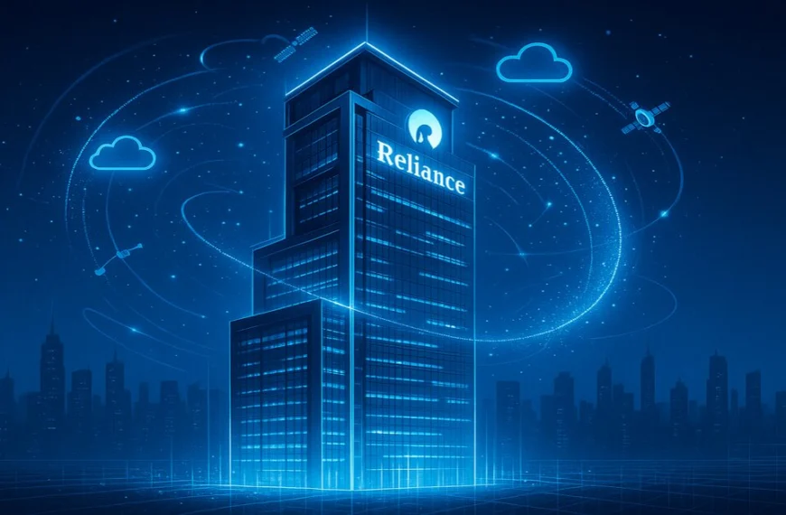 Reliance Industries headquarters surrounded by digital elements representing its rise among top global tech companies