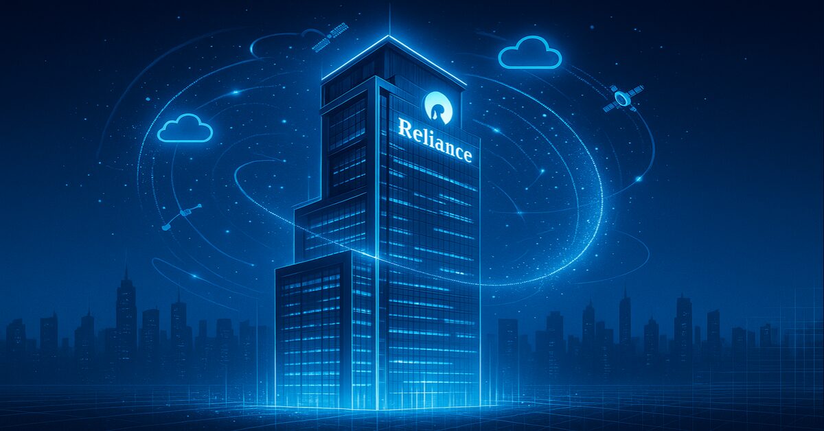 Reliance Industries headquarters surrounded by digital elements representing its rise among top global tech companies