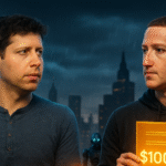 Sam Altman and Mark Zuckerberg face off in a dramatic AI rivalry scene.