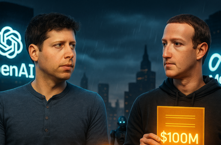 Sam Altman and Mark Zuckerberg face off in a dramatic AI rivalry scene.