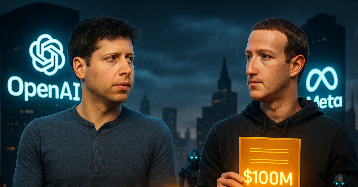 Sam Altman and Mark Zuckerberg face off in a dramatic AI rivalry scene.