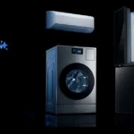 Samsung Bespoke AI fridge, washing machine, and AC on black background