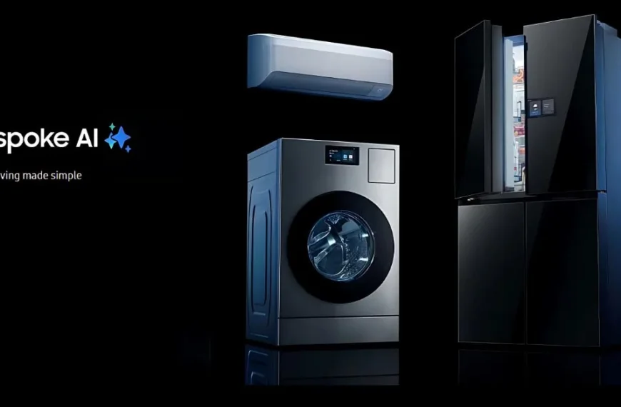Samsung Bespoke AI fridge, washing machine, and AC on black background