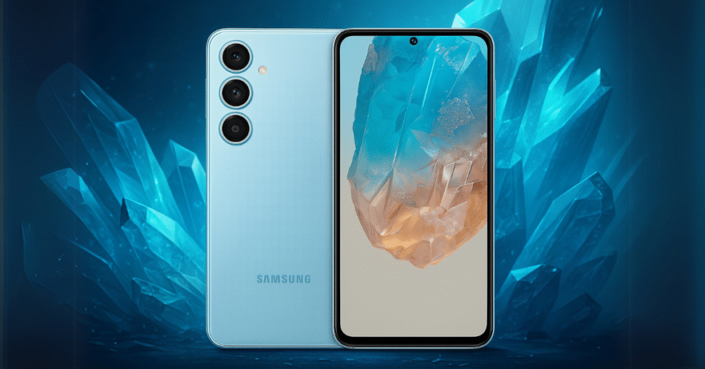 Samsung Galaxy M35 5G shown in a crystal-themed digital background, highlighting its AMOLED display and triple rear camera design