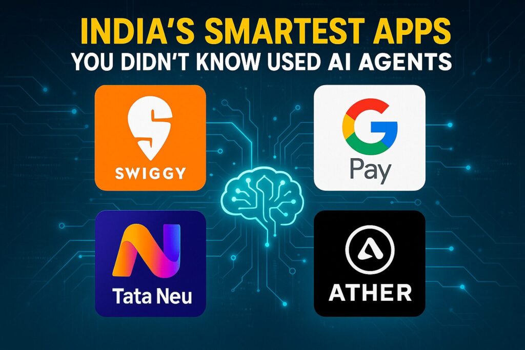 A vibrant digital collage of Indian apps like Swiggy, Google Pay, Tata Neu, and Ather, connected by glowing AI circuits on a futuristic background.