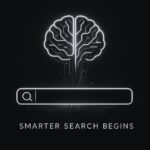 AI-powered search interface with glowing brain icon and futuristic search bar labeled "Smarter Search Begins