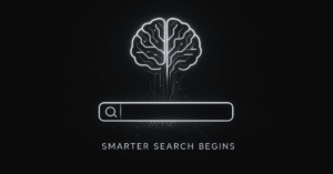 AI-powered search interface with glowing brain icon and futuristic search bar labeled "Smarter Search Begins