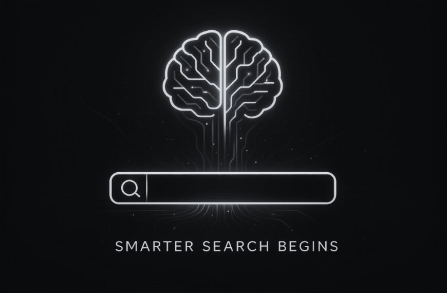 AI-powered search interface with glowing brain icon and futuristic search bar labeled "Smarter Search Begins