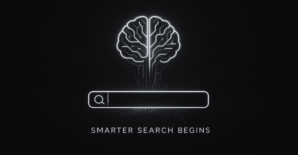 AI-powered search interface with glowing brain icon and futuristic search bar labeled "Smarter Search Begins