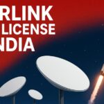 Breaking news graphic showing Starlink getting license in India with rocket launch and satellite dishes