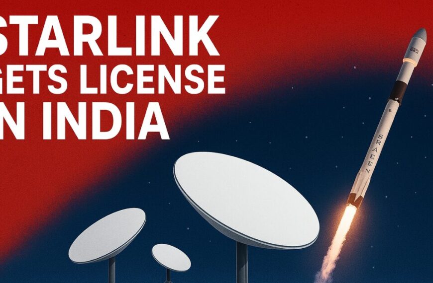 Breaking news graphic showing Starlink getting license in India with rocket launch and satellite dishes