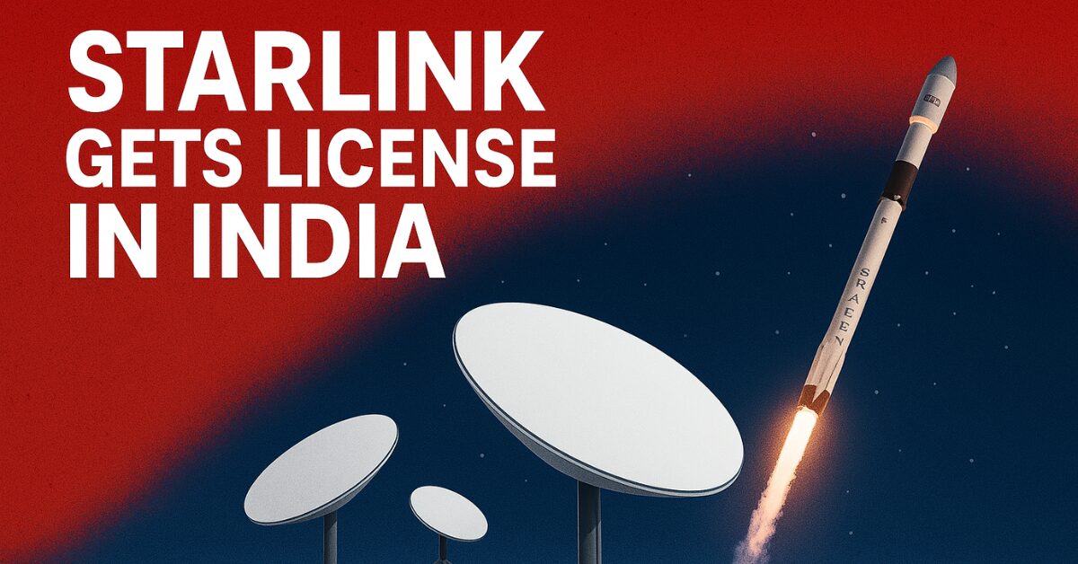 Breaking news graphic showing Starlink getting license in India with rocket launch and satellite dishes