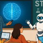 A digital illustration of students in a classroom learning STEM subjects with a robot assistant and a teacher, highlighting AI integration in education.