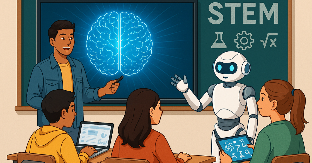 A digital illustration of students in a classroom learning STEM subjects with a robot assistant and a teacher, highlighting AI integration in education.