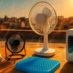 A collection of summer cooling gadgets including a neck fan, USB desk fan, rechargeable table fan, gel seat cushion, and inverter cooler arranged on a sun-baked rooftop with an Indian cityscape in the background, under a blazing sun with visible heatwaves and cool air effects.