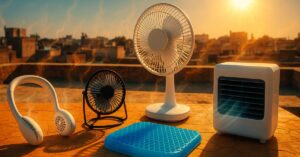 A collection of summer cooling gadgets including a neck fan, USB desk fan, rechargeable table fan, gel seat cushion, and inverter cooler arranged on a sun-baked rooftop with an Indian cityscape in the background, under a blazing sun with visible heatwaves and cool air effects.