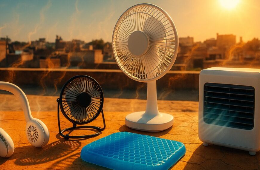 A collection of summer cooling gadgets including a neck fan, USB desk fan, rechargeable table fan, gel seat cushion, and inverter cooler arranged on a sun-baked rooftop with an Indian cityscape in the background, under a blazing sun with visible heatwaves and cool air effects.