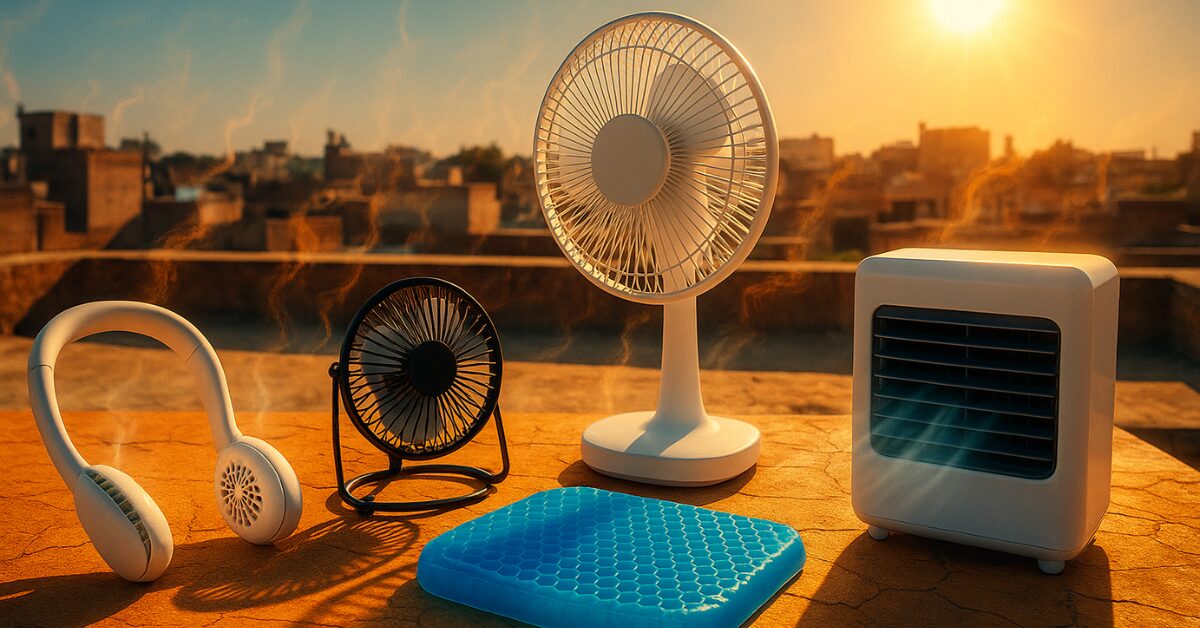 A collection of summer cooling gadgets including a neck fan, USB desk fan, rechargeable table fan, gel seat cushion, and inverter cooler arranged on a sun-baked rooftop with an Indian cityscape in the background, under a blazing sun with visible heatwaves and cool air effects.