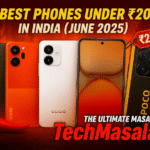 A wide 1200x628 fiery banner showing five top smartphones under ₹20,000 in India for June 2025, including models from OnePlus, CMF, Oppo, iQOO, and POCO, with flaming background, a red chili, and bold text 'The Ultimate Masaledaar TechMasala Guide.