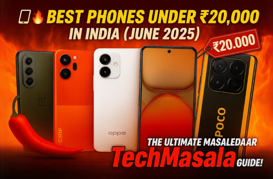 A wide 1200x628 fiery banner showing five top smartphones under ₹20,000 in India for June 2025, including models from OnePlus, CMF, Oppo, iQOO, and POCO, with flaming background, a red chili, and bold text 'The Ultimate Masaledaar TechMasala Guide.