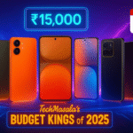 Artistic illustration of six budget smartphones under ₹15,000 glowing on a futuristic tech stage with neon lights and a digital ₹15K tag floating above