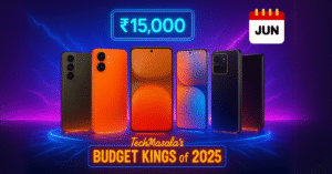 Artistic illustration of six budget smartphones under ₹15,000 glowing on a futuristic tech stage with neon lights and a digital ₹15K tag floating above