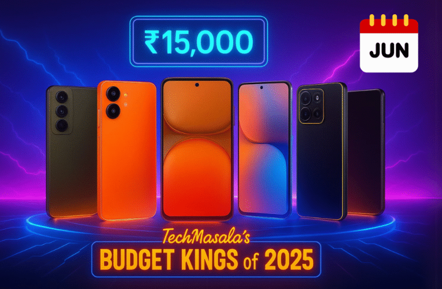 Artistic illustration of six budget smartphones under ₹15,000 glowing on a futuristic tech stage with neon lights and a digital ₹15K tag floating above