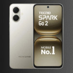 Tecno Spark Go 2 smartphone front and back view in Veil White color, showcasing punch-hole display and dual rear camera design