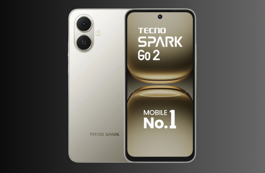 Tecno Spark Go 2 smartphone front and back view in Veil White color, showcasing punch-hole display and dual rear camera design