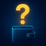 A sleek digital wallet icon under a glowing yellow question mark, set against a futuristic dark-blue tech background with subtle blockchain circuit lines.
