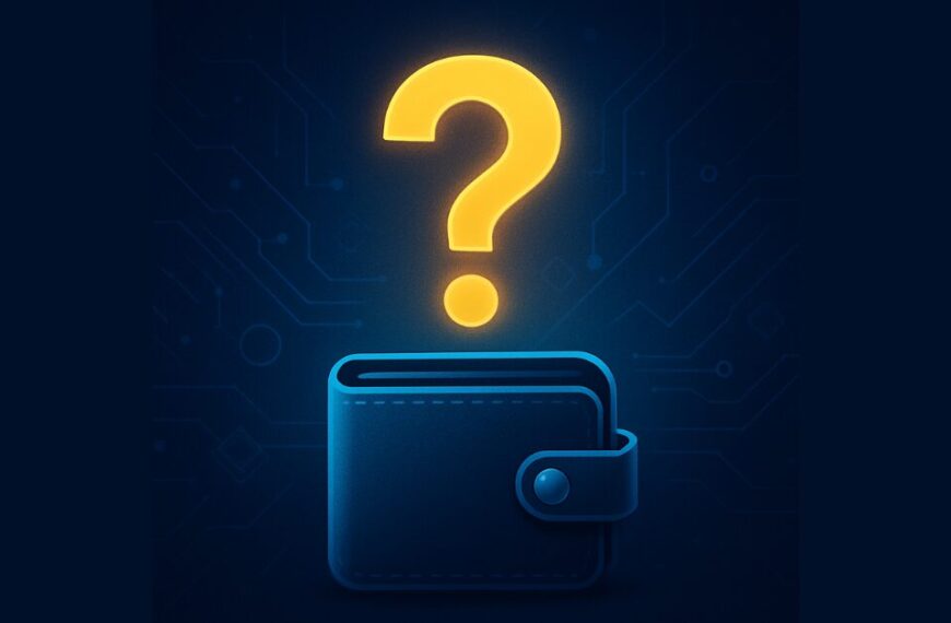 A sleek digital wallet icon under a glowing yellow question mark, set against a futuristic dark-blue tech background with subtle blockchain circuit lines.