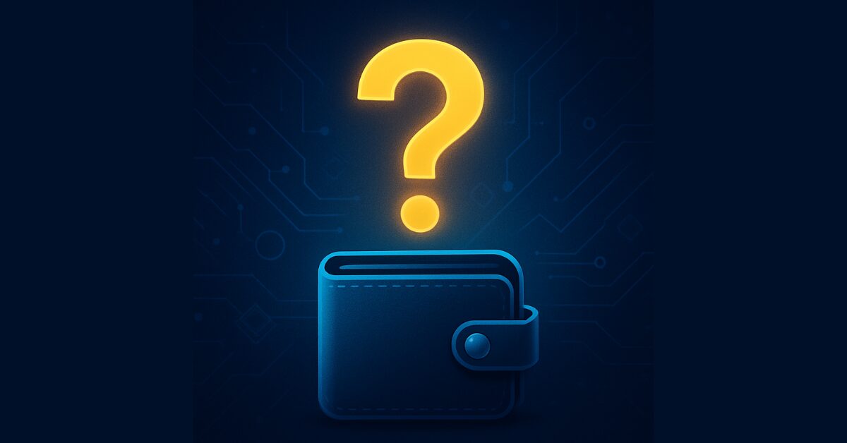 A sleek digital wallet icon under a glowing yellow question mark, set against a futuristic dark-blue tech background with subtle blockchain circuit lines.