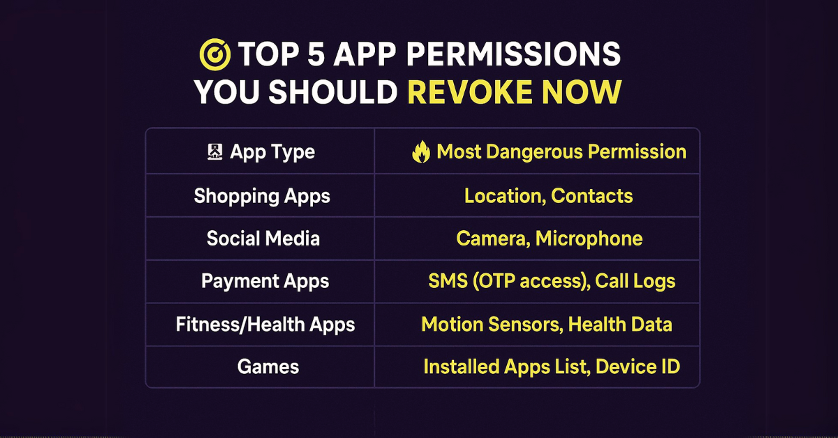 Infographic showing the top 5 app permissions users should revoke for privacy in 2025