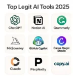 A clean grid layout featuring logos of top AI tools for 2025, including ChatGPT, Notion AI, Grammarly, Midjourney, GitHub Copilot, Canva Magic Studio, Claude, Perplexity, and Copy.ai