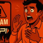 An Indian man reacts in shock as a large red smartphone screen displays a UPI scam warning with flames in the background, symbolizing urgency and digital danger.