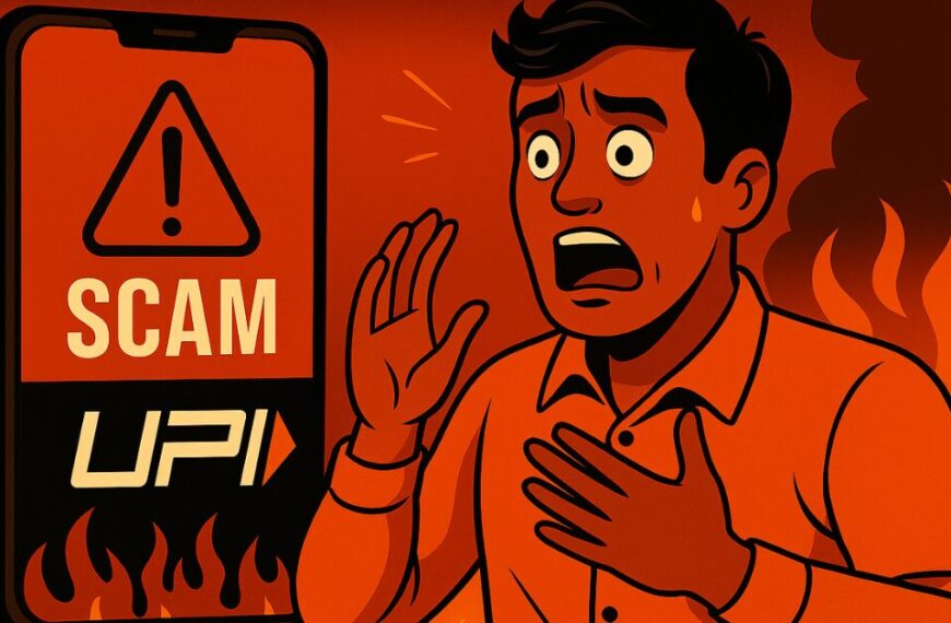 An Indian man reacts in shock as a large red smartphone screen displays a UPI scam warning with flames in the background, symbolizing urgency and digital danger.