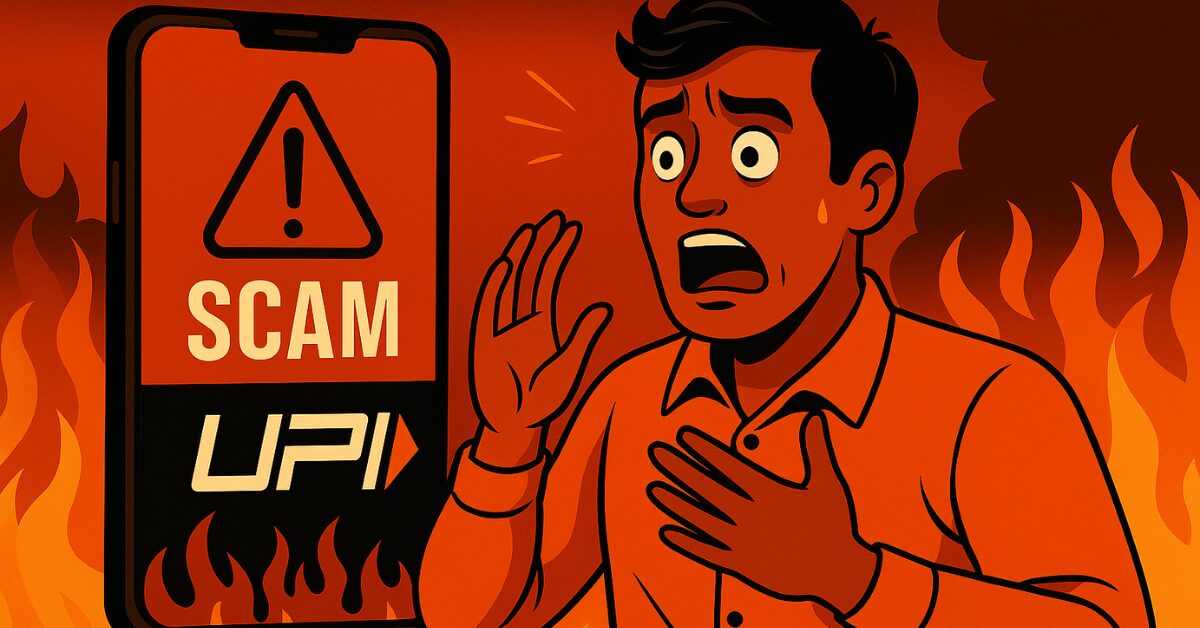 An Indian man reacts in shock as a large red smartphone screen displays a UPI scam warning with flames in the background, symbolizing urgency and digital danger.