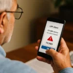 Over-the-shoulder view of an elderly man holding a smartphone with a UPI scam alert message on screen