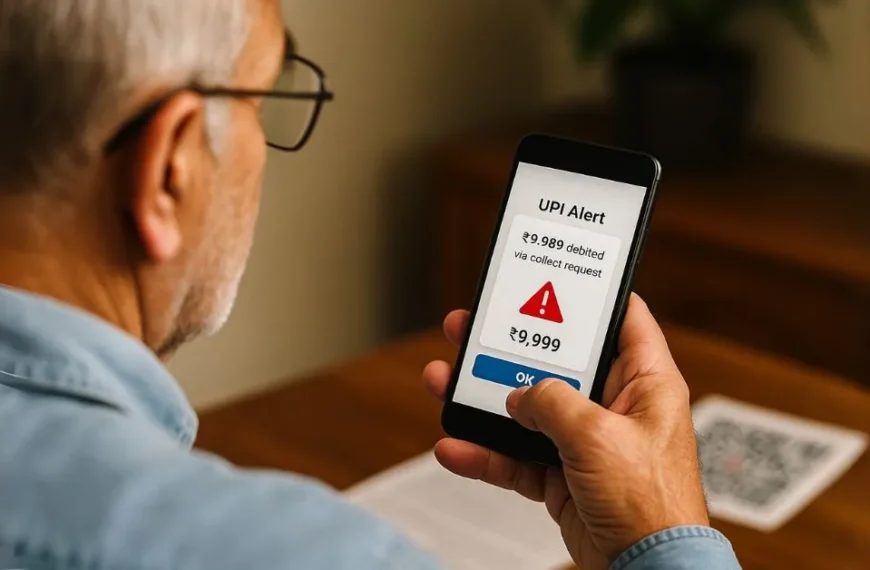Over-the-shoulder view of an elderly man holding a smartphone with a UPI scam alert message on screen