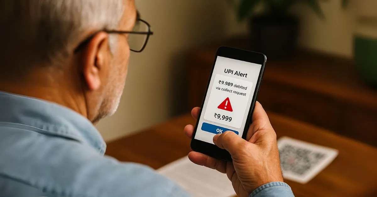 Over-the-shoulder view of an elderly man holding a smartphone with a UPI scam alert message on screen