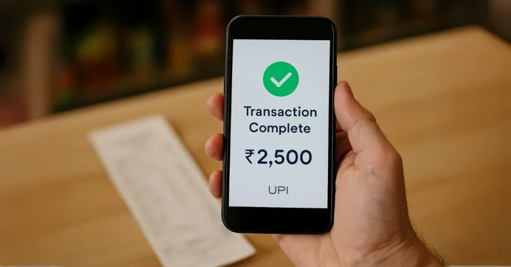 Close-up of a phone displaying a successful UPI transaction for ₹2,500 at a local Indian shop counter