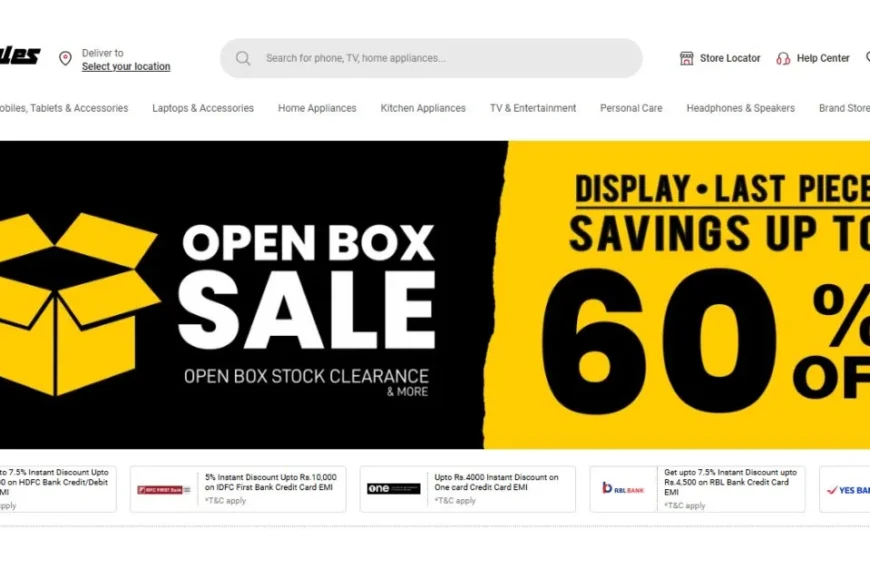 Vijay Sales Open Box Sale 2025 banner showing up to 60% discount on display and last piece items